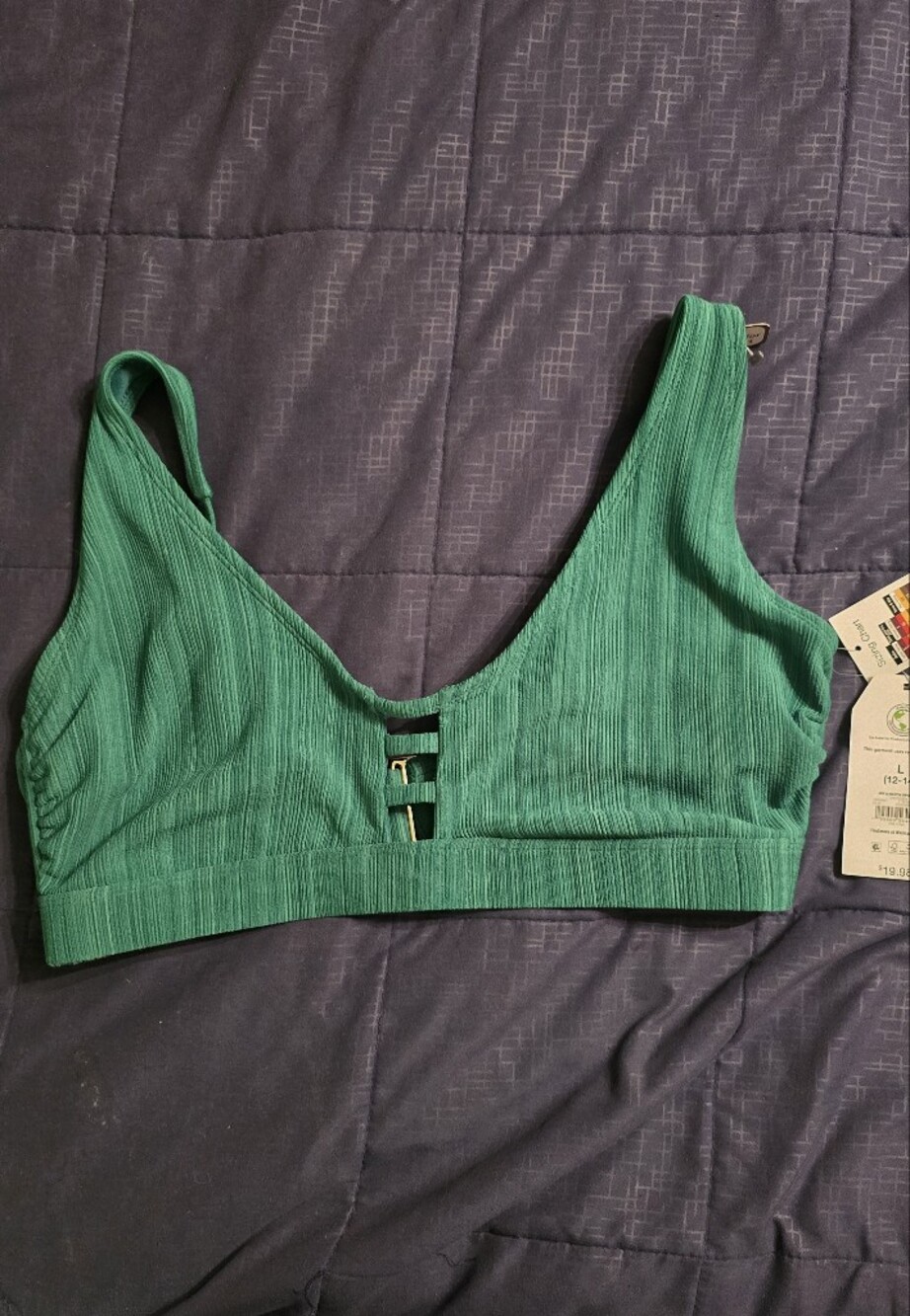 Time and Tru Green Ribbed V-Neck Bikini top with Ladder Detail